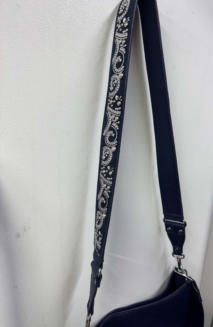 Blue Pebbled Leather Crossbody Bag with Studded/Pearl Embellished Strap - Picture 5 of 12